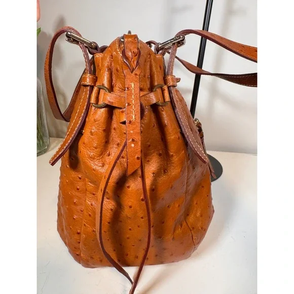 Dooney & Bourke Nina Ostrich Embossed Leather Hobo Bag Cognac Tan Shoulder Purse - Picture 3 of 11